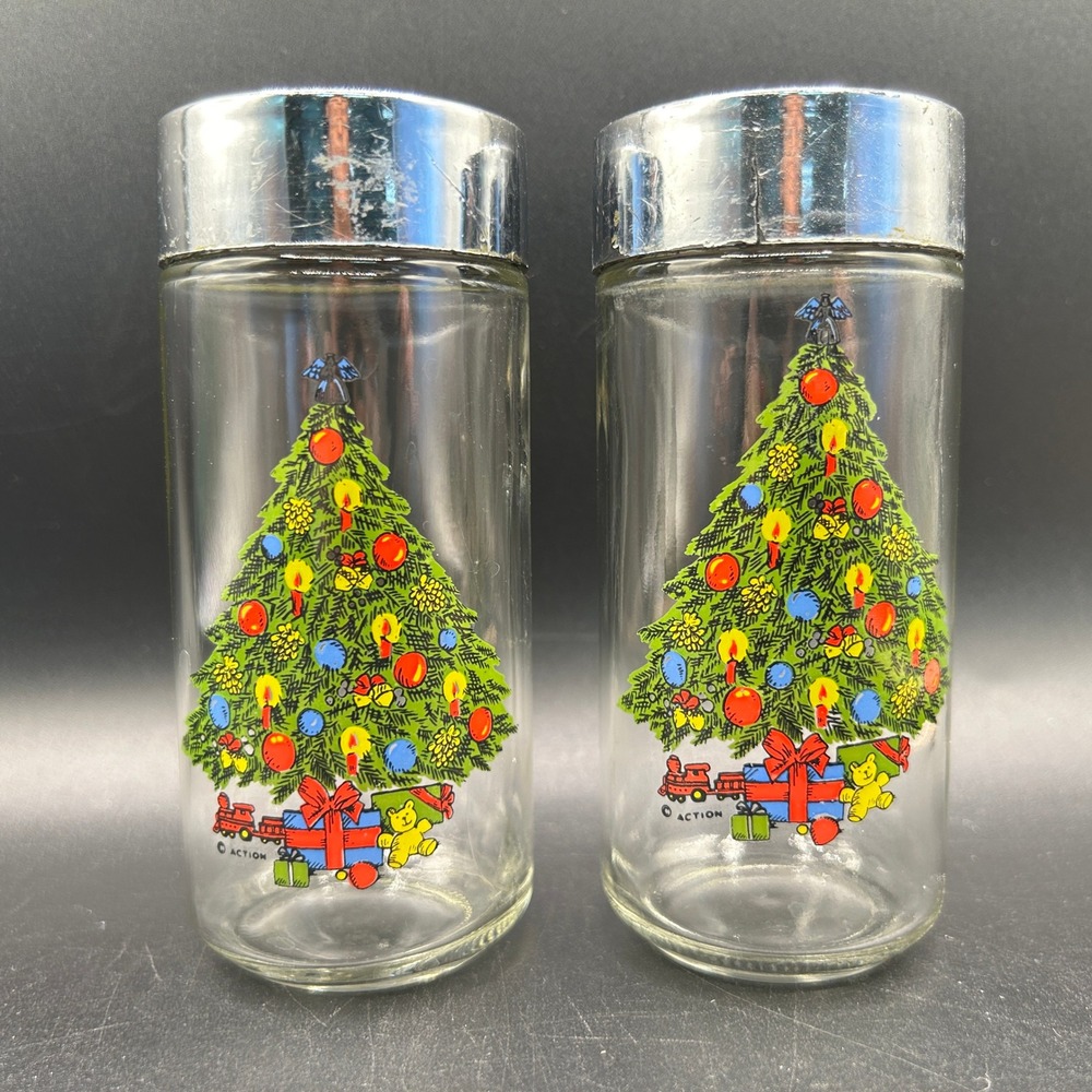 Vtg Pair Christmas Tree Glass Salt Pepper Shakers Set Chrome Lids Holiday As Is